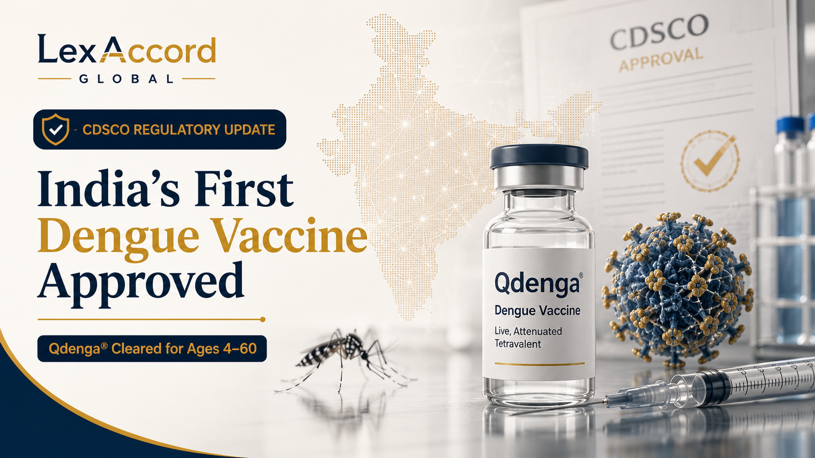 Qdenga dengue vaccine vial with CDSCO approval documentation representing India’s first approved dengue vaccine